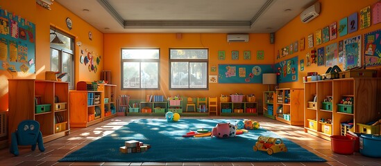 A bright and colorful preschool classroom with toys, books, and a welcoming atmosphere.