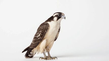Fototapeta premium Graceful saker falcon with powerful presence standing on a white background, gazing to the right, highlighting elegant profile and sharp beak