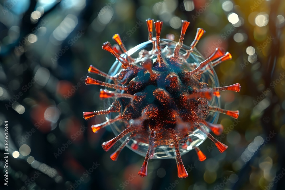 Poster highresolution image depicting a 3d model of a virus with intricate details, set against a blurred b