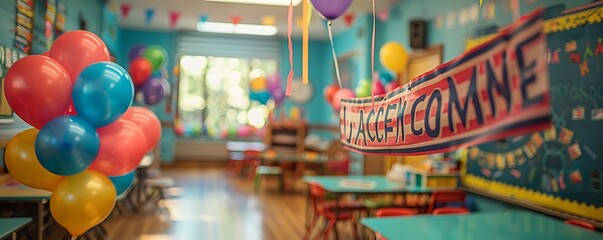 A close-up shot of a welcome banner hanging in a brightly decorated classroom, with colorful balloons and streamers.