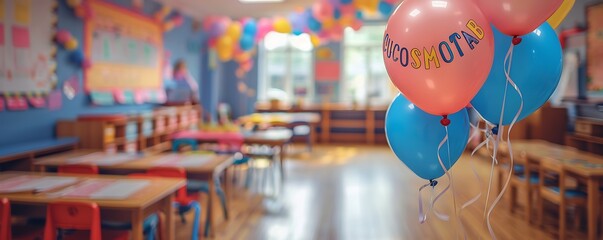 A close-up shot of a welcome banner hanging in a brightly decorated classroom, with colorful balloons and streamers.