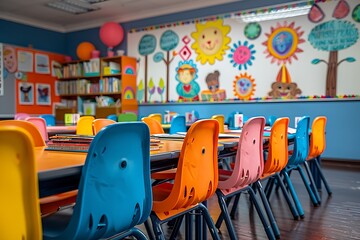 A colorful classroom with neatly arranged desks, books, and a large bulletin board decorated with student artwork.