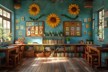 A colorful classroom with neatly arranged desks, books, and a large bulletin board decorated with student artwork.