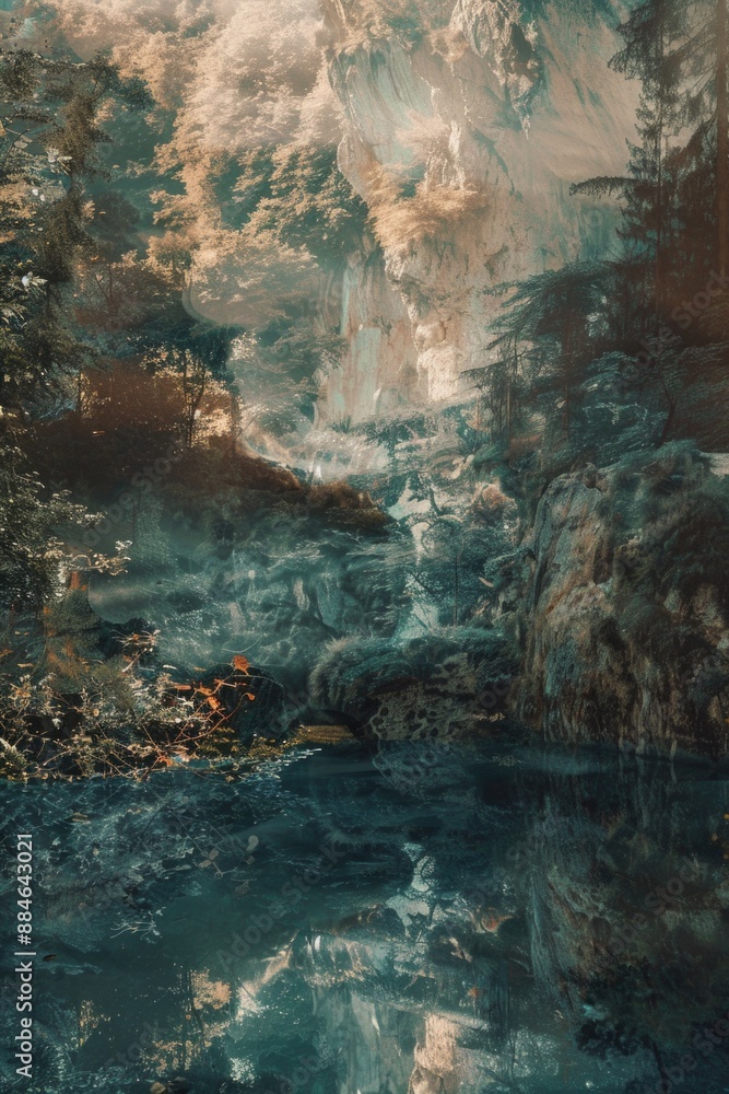 Poster a serene scene depicting a river flowing through a dense forest