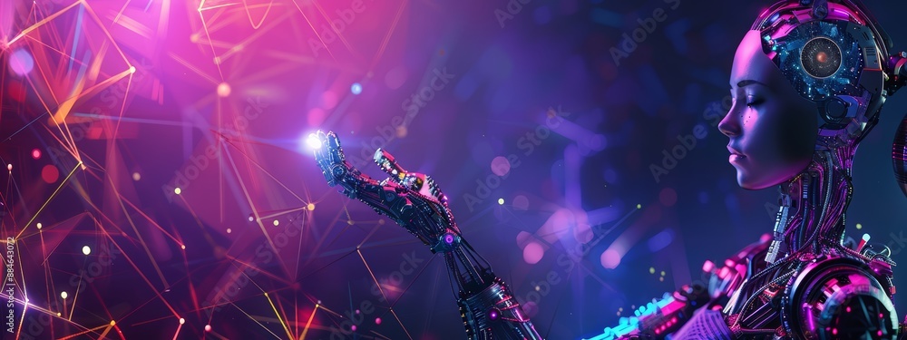 Wall mural futuristic ai robot on a pink and purple background with plexus effect. artificial intelligence cybo
