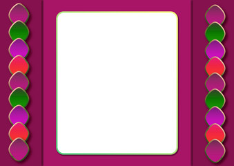 Page with empty frame and colorful buttons. Purple background with decorative border with colorful shapes. Empty space for text.