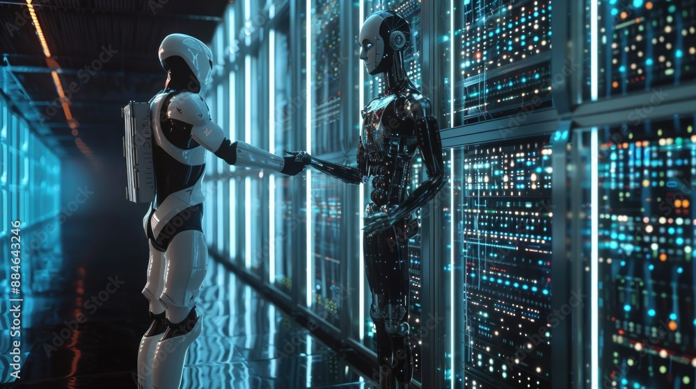 Aufkleber Robots handshake in a server room, suitable for technology and innovation themed projects