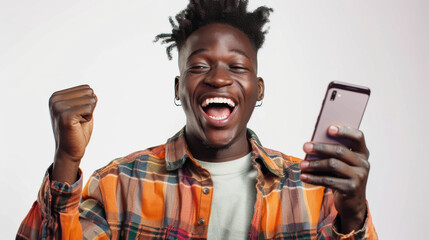 A photographic style of a young man excitedly holding a smartphone, wide smile, dynamic pose, straight-on angle, near a plain white background