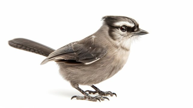 Stunning grey jay bird on white background, looking to the right and showcasing intricate details of feathers, beak, eyes, and claws