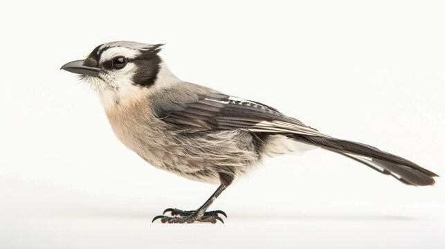 Beautiful gray jay bird with black and white markings in side view, standing on a white background