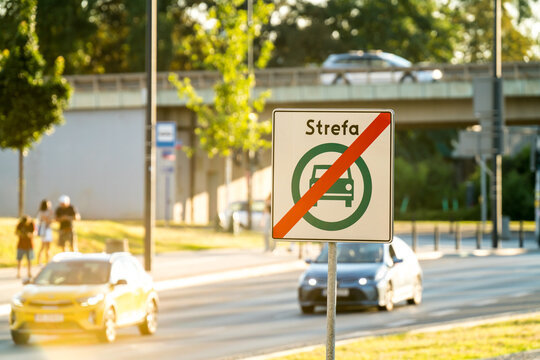 Green transport zone sign in Warsaw city centre