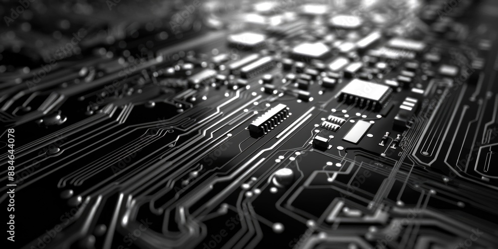Poster a detailed view of electronic components and wires on a computer motherboard