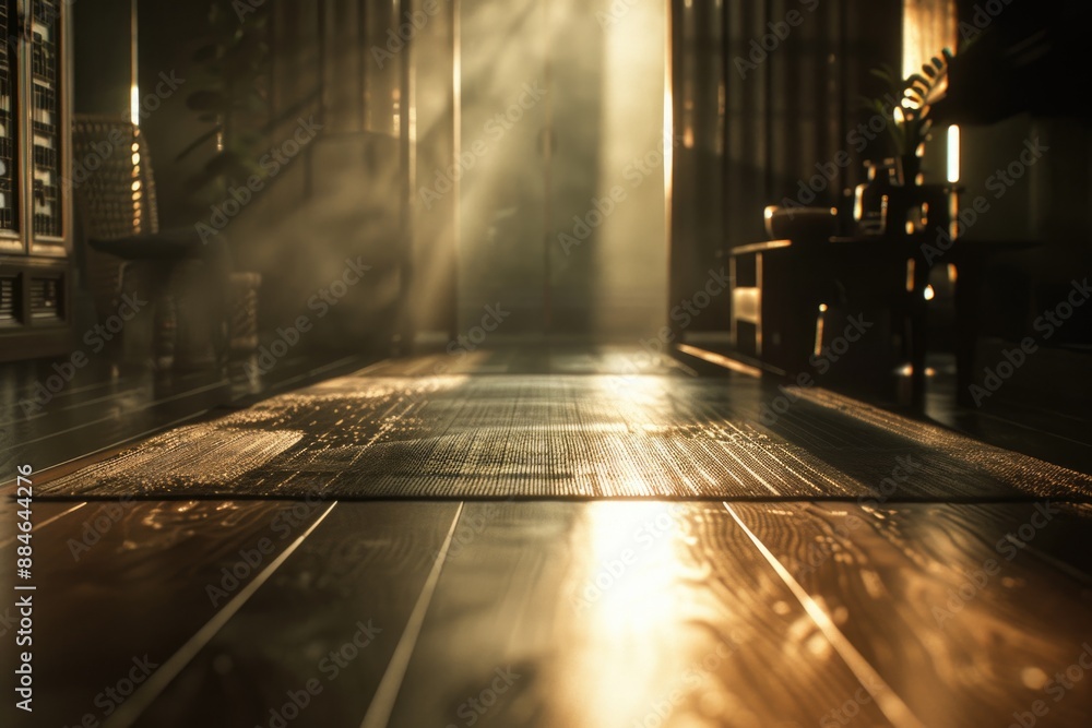 Poster a wooden floor in a dark room with sunlight coming through the window, suitable for use as a backgro