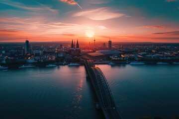 Naklejka premium A cityscape with a bridge at sunset