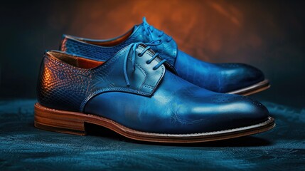 Handmade leather shoes in blue on a dark background