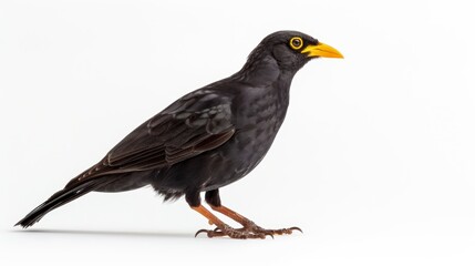 Black bird with yellow beak standing on a white background, looking to the right of the frame