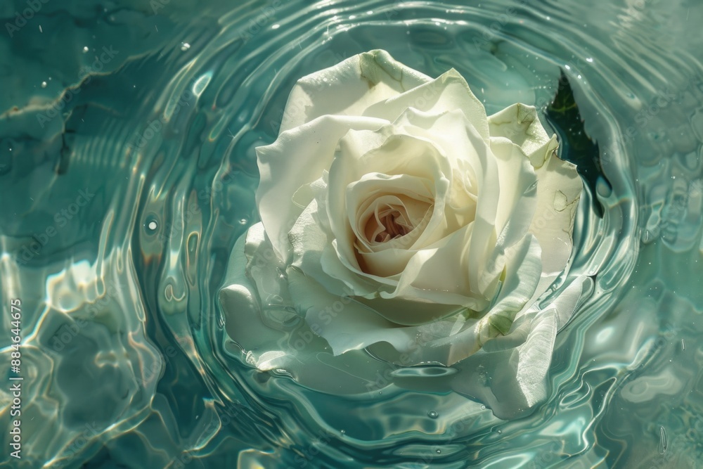 Poster a single white rose floats on the surface of a calm pool of water