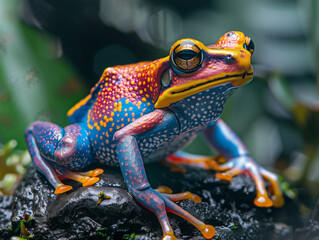 Naklejka premium Green amphibian, possibly a tree frog, perched on a leafy branch