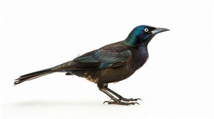 Naklejka premium Grackle with shimmering feathers stands attentively against a white backdrop