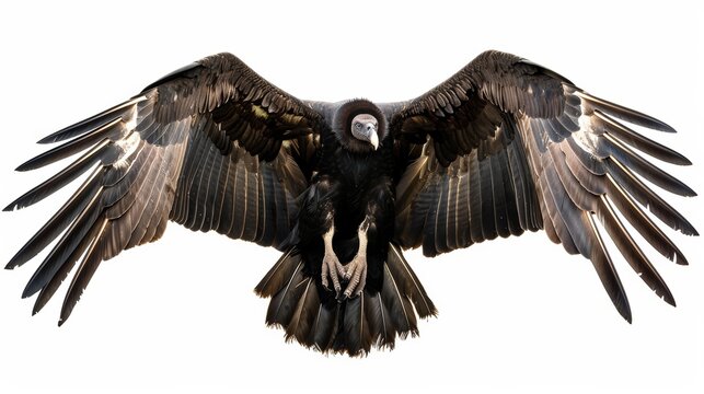 Impressive black vulture displaying its wingspan against a pristine white backdrop