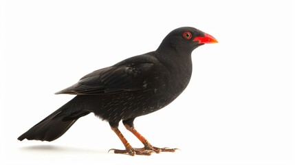 Obraz premium Striking black bird with a vibrant red beak poses in a studio against a clean white background, exuding an exotic and tropical feel with its colorful plumage and inquisitive gaze