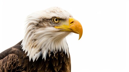 Majestic bald eagle is posing for the camera, its white feathered head and sharp beak are prominent against the white background