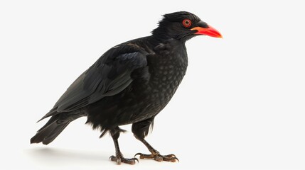 Black bird with red beak standing on white background, gazing to the right of the frame