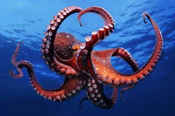 Red sea dragon, like a mythical Chinese water serpent, joins an octopus in an underwater Asian seascape