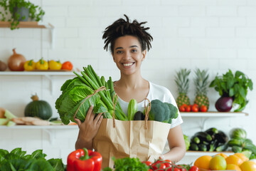 A smiling woman in a kitchen chops fresh vegetables for a healthy meal