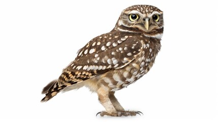 Curious burrowing owl with brown and white spotted feathers stands alert, gazing at the camera. Its detailed feathers and sharp features showcase wildlife wonders in nature