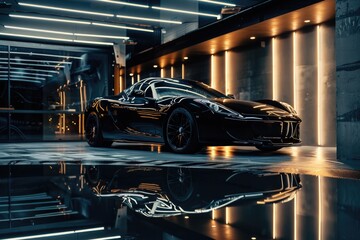 Obraz premium A black sports car parked in a garage
