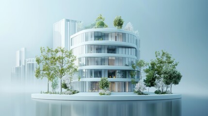 A sleek business center building, featuring modern architectural design and exterior visualization. Ideal for corporate presentations and real estate marketing