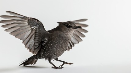 Obraz premium Graceful landing of a gray catbird with wings outstretched against a white backdrop
