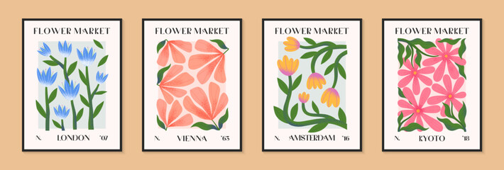Abstact flower market vector posters with hand drawn florals.Modern botanical illustrations for prints,flyers,banners,invitations,branding design,covers,home decoration.