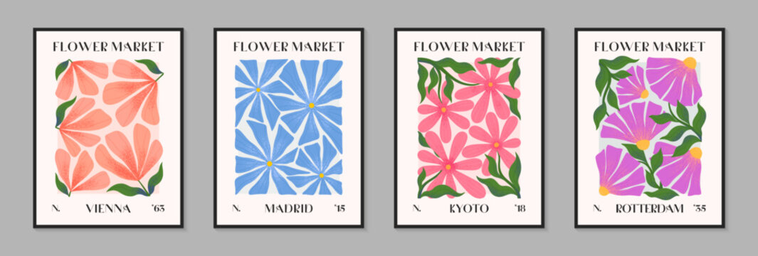 Abstact flower market vector posters with hand drawn florals.Modern botanical illustrations for prints,flyers,banners,invitations,branding design,covers,home decoration.