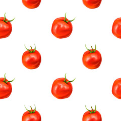 Seamless pattern with red ripe juicy tomatoes. A healthy diet of vegetables, vegetarian dishes and ingredients. Floral background for packaging and textiles. Digital illustration on white background