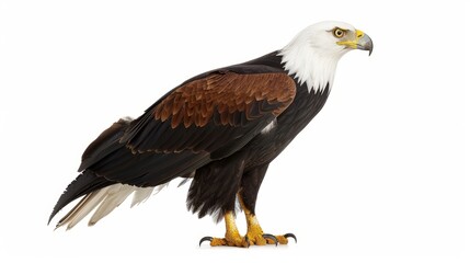 Obraz premium Magnificent bald eagle stands proudly, gazing to the side, displaying its remarkable wingspan and powerful talons