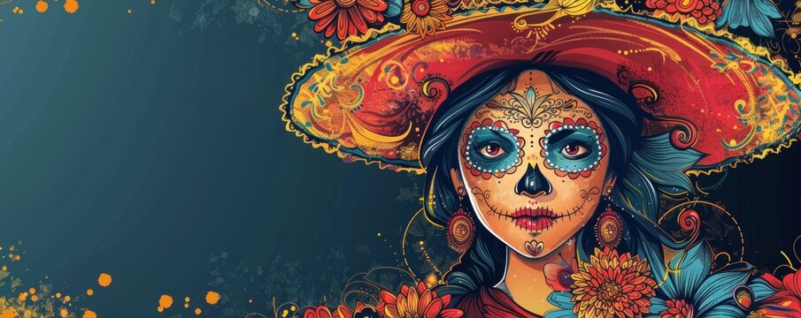 Bright and festive Dia de los Muertos banner template with ample copy space. Perfect for designers creating websites, posters, and banners for Day of the Dead celebrations