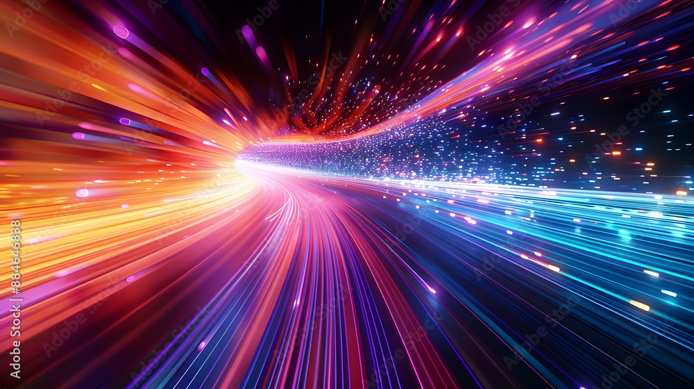 Poster vivid abstract particles traveling at high speed creating a sense of fast motion and color diversity
