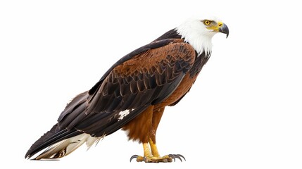 Obraz premium African fish eagle exuding wild freedom with sharp beak and impressive talons, standing proudly and gazing right against isolated white background