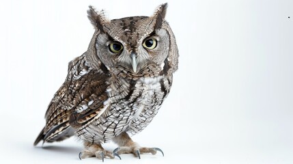 Majestic eastern screech owl perched on a white background, with sharp eyes and striking feathers. The predator looks alert and curious in this captivating portrait, ideal for nature enthusiasts