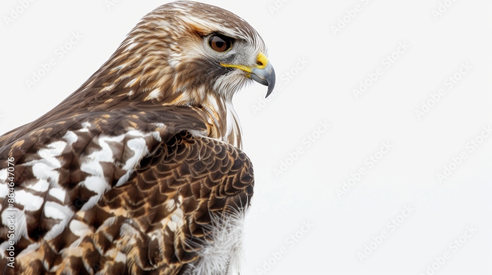Poster captivating red-tailed hawk displays vibrant plumage and sharp features against a white backdrop, sy