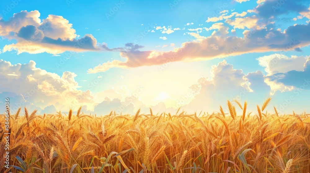 Poster sunset over wheat field with blue sky and clouds ample space for text