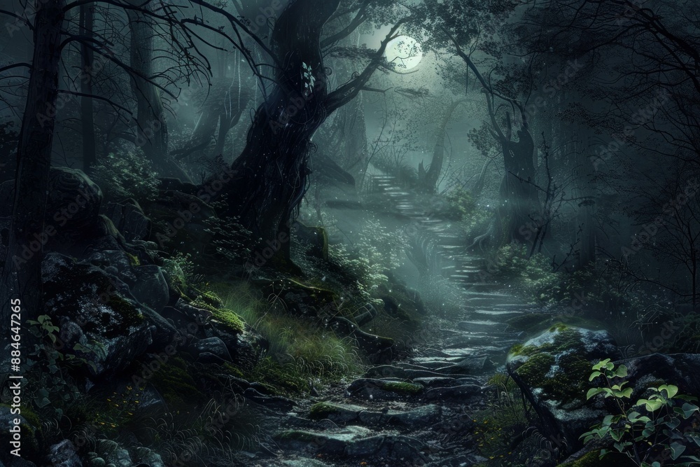 Poster mystical moonlit forest scene with a stone path and ancient trees