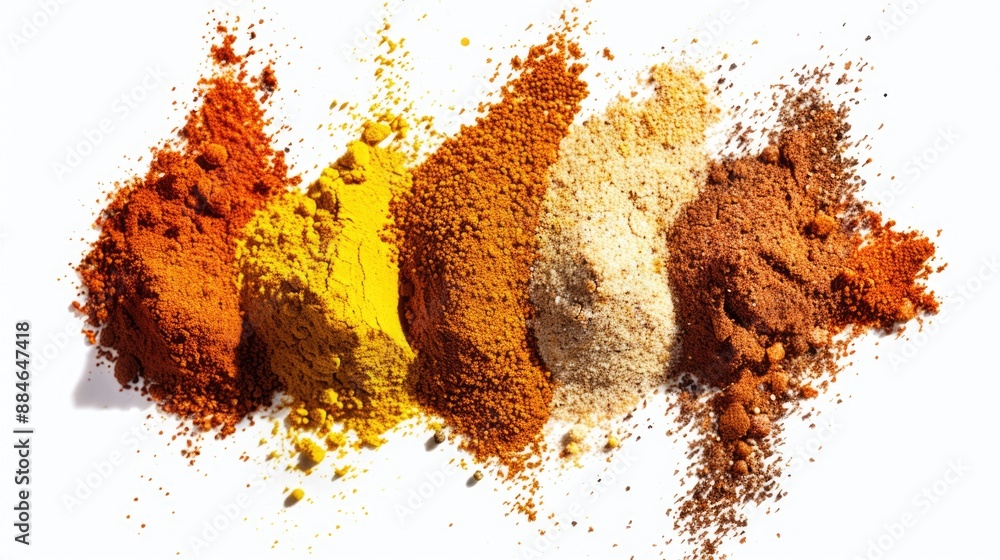 Aufkleber A collection of differently colored powders displayed on a white background, suitable for use in science experiments or educational materials