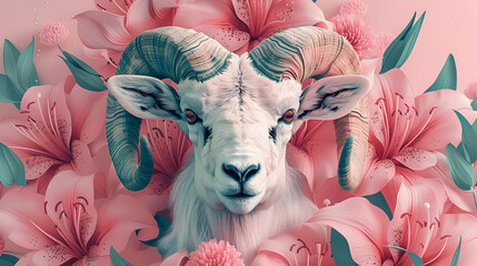 Ram in a Garden of Pink Lilies