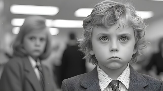 Children dressed up as adult office workers - humorous - funny - serious expression - managing stress - confident and composed