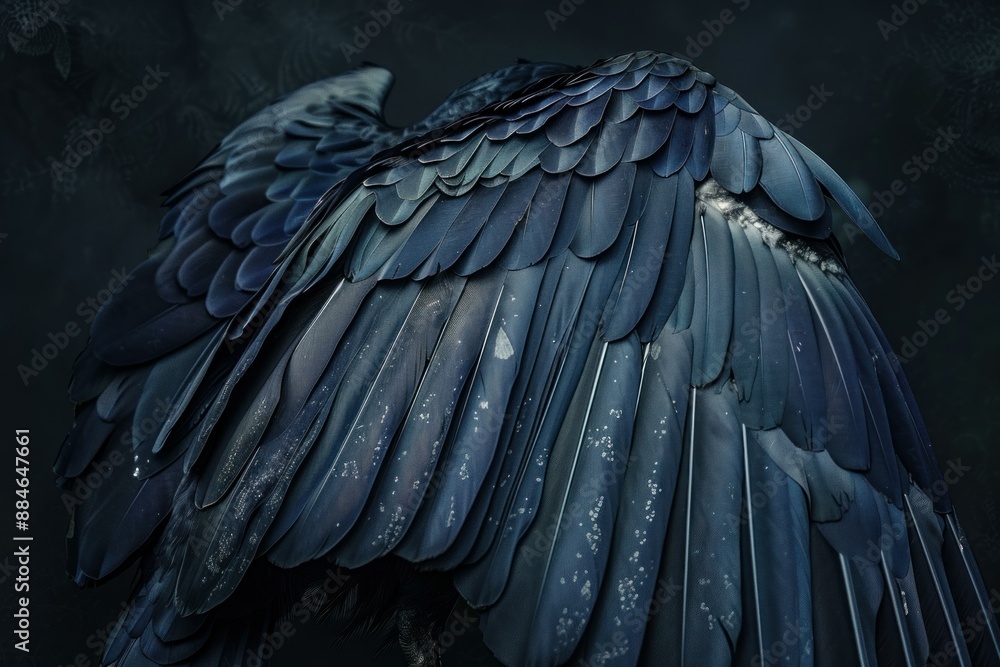 Poster detailed image showing the intricate texture and layers of dark bird feathers