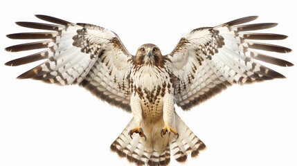 Majestic red-tailed hawk hovers gracefully against a bright white background, its wings fully extended, showcasing its impressive size and power