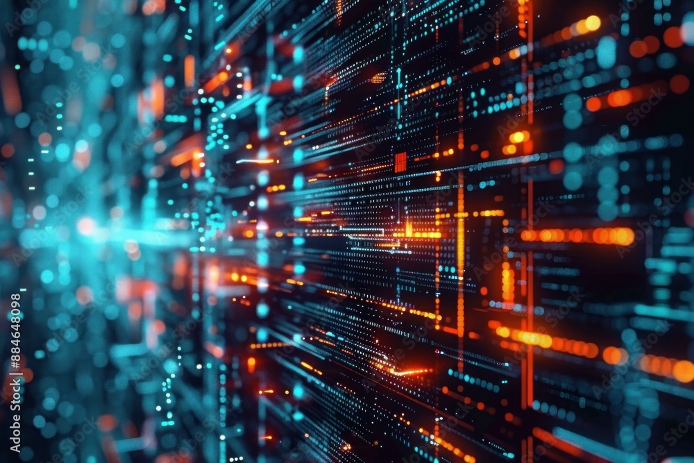 Poster abstract image representing a digital data network with glowing lights and circuitry
